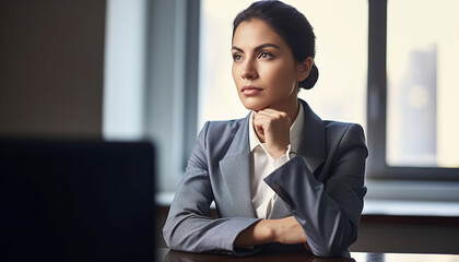 Confident young businesswoman sitting in modern office generated by AI