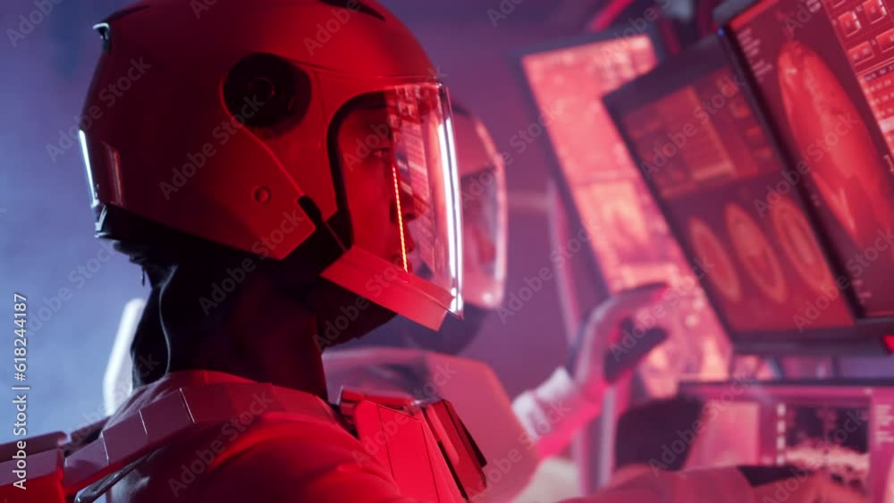 Wall mural team of astronauts in a space suits aboard the mars station. a crew of cosmonauts piloting the space