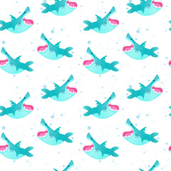 Seamless pattern with cartoon sharks. Vector illustration