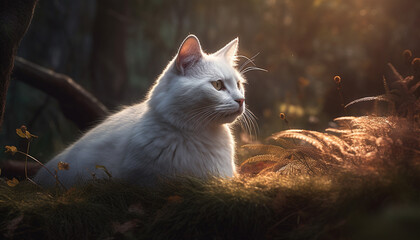 Fluffy kitten lounges in tranquil meadow, playful generated by AI