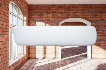 search box text floating in air standing in luxurious loft apartment with arched window and minimalistic interior living room design; 3D Illustration