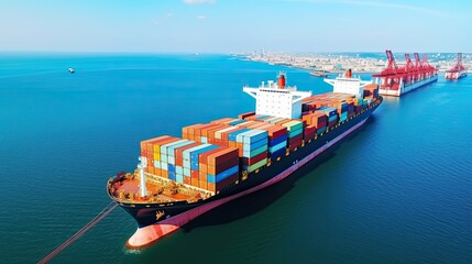 Container Ship Logistics: Aerial View of Cargo Shipping Business. Freight Transportation by Ship in Open Sea, Container Loading with Ocean Water in Background: Generative AI