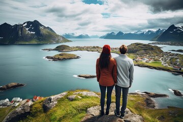 Couple Family Traveling Together on Cliff Edge in Norway. Summer Vacation Lifestyle Concept with Aerial View of Lofoten Islands and Reinebringen Mountain Top. Generative AI