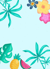 Summer frame in bright colors with tropical leaves. Template for design poster, banner, invitation, voucher.