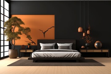 photo of zen black and orange bedroom realistic Generative AI