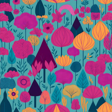 Seamless patterns of flowers and trees, rainbow themed, repeating patterns design, fabric art, flat illustration, rainbow-core, highly detailed clean, vector image, photorealistic. Generated AI.