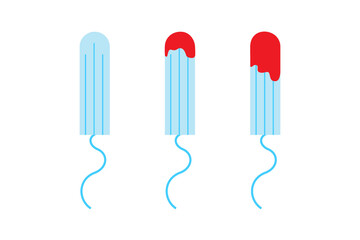 Concept flat illustration on period poverty and normalizing menstruation. Women's health. Three blue tampons with different stages of blood absorption. Minimal vector illustration on white background.