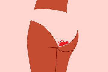 Normalizing menstruation. Concept on body positivity and period. Plus size woman in underwear with menstrual blood stain on a pink background. Flat vector illustration - obrazy, fototapety, plakaty