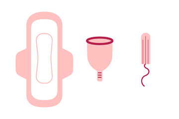 Concept flat illustration on period poverty and normalizing menstruation. Women's health. Set of sanitary products in pink color. Minimal vector illustration on white background. - obrazy, fototapety, plakaty