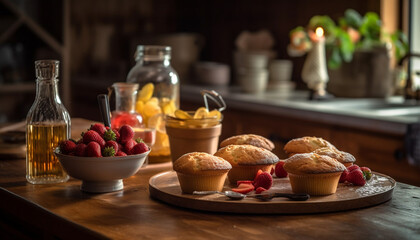 Naklejka premium Freshly baked muffins on rustic wooden table generated by AI