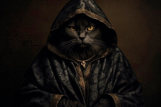 A dark image of a cat in a black garment. Generative AI