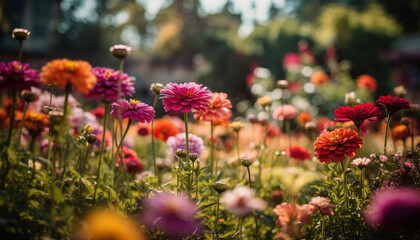 Obraz premium Vibrant wildflowers bloom in rural meadow scene generated by AI