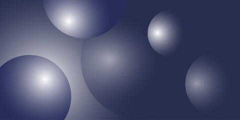 Vector abstract glowing dark blue background. Blue volumetric spheres. Horizontal banner. Geometric circles pattern. EPS10 vector