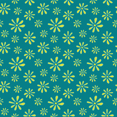 A seamless pattern of yellow daisy-like flowers across a vibrant teal backdrop, conveying the cheerful essence of spring. This pattern infuses a sense of freshness and positivity