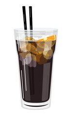 Vector illustration of a black cocktail with citrus slices, ice cubes and straws on a white background in a flat style. Suitable for menu design, food stickers, scrapbooking.