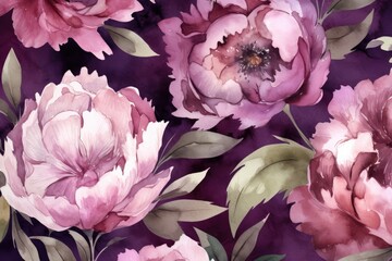 Pattern with watercolor peonies, beautiful colorful peony flowers, digital background. Generative Ai