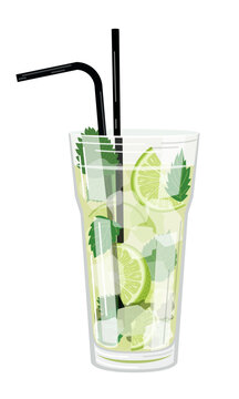 Vector illustration of a cocktail with citrus slices, leaves
mint, ice cubes and tubules on a white background in a flat style. Mojito. Suitable for menu design, food stickers, scrapbooking.