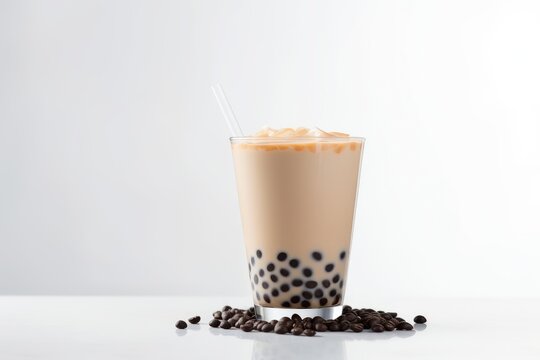 Bubble tea with tapioca balls on white , AI Generative