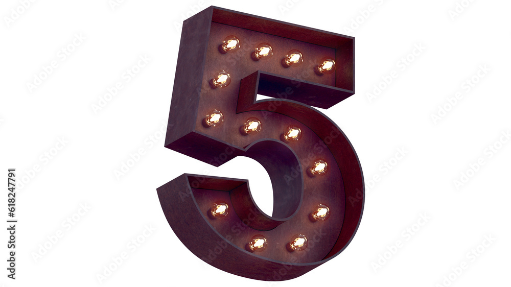 Fototapete light bulb glowing digit alphabet character 5 four font. perspective view illuminated number 5 symbo