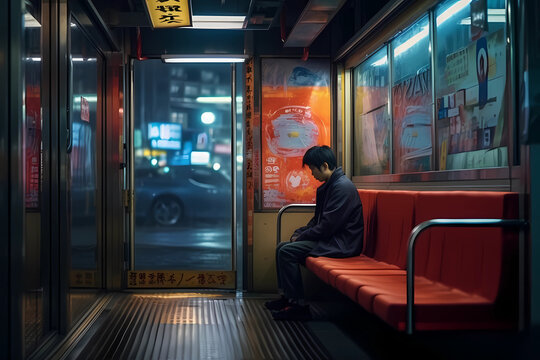 person waiting at night in enclosed Asian bus station