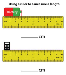 Measuring length in centimeters with the ruler. Education developing worksheet. Game for kids. Puzzle for children. Vector illustration. cartoon style. - obrazy, fototapety, plakaty