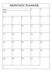 Monthly planner. template. Clear and simple printable. Business organizer page. Paper sheet. Realistic vector illustration.