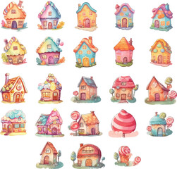 Naklejka premium Vector illustration of a cartoon candy house with a variety of watercolors for storytelling or decoration