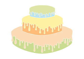 Three-tiered cake with different colored glaze. Hand Drawn. Freehand drawing. Doodle. Sketch. Outline.	