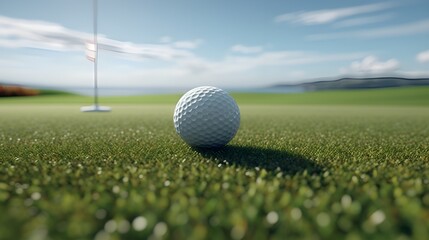 white golf ball on the grassy fairway of a golf course in summer time, room for copyspace