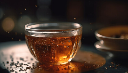 Whiskey glass on table in dark pub generated by AI