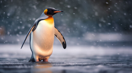 Fototapeta na wymiar Portrait of a penguin in a snowy landscape. Playful, happy animal. Blurred background. 