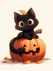 Cute black kitten on pumpkin Jack-o-lantern, Happy Halloween, cartoon animal pet, hand painting illustration. Autumn leaves, white background. Watercolor art for cards.