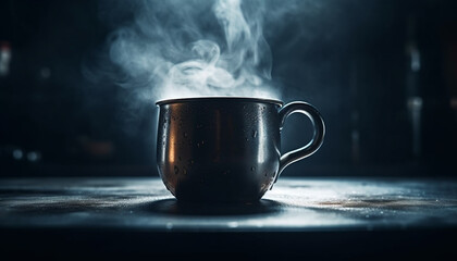 Rustic coffee mug on wooden desk steams generated by AI
