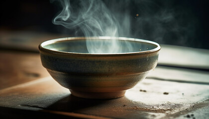 Earthenware bowl on wood table, cooking over flame generated by AI