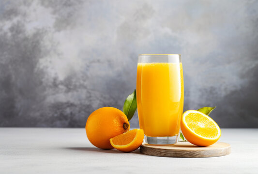 A glass of orange juice and oranges on light stone background. Fresh summer orange lemonade. 