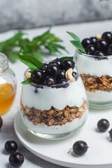 Granola with yogurt and blackcurrant in a glass
