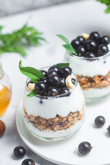 Granola with yogurt and blackcurrant in a glass