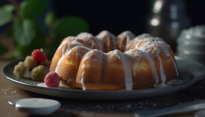Obraz na płótnie Canvas Freshly baked raspberry cheesecake, a sweet indulgence generated by AI