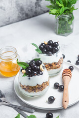 Granola with yogurt and blackcurrant in a glass