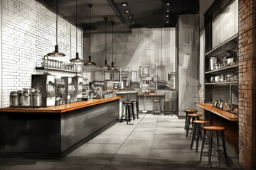 Pencil Sketch with Watercolor Style of Industrial Style Restaurant