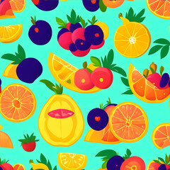 Seamless patterns of fruits, patterns design, fabric art, flat illustration, simetric, flat, clean, vector image, simple field background, isometric, bright vector, colorful. Generated AI
