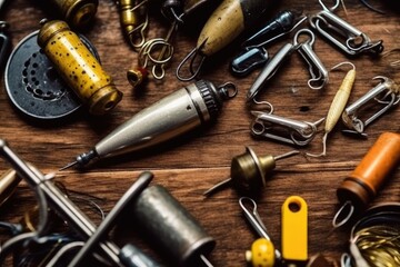 stock close up photo of fishing tool flat lay