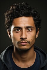 headshot of a young hispanic man looking at the camera on gray background