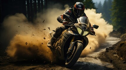 Speed On A Wet Track - A Dynamic Action Shot Of A Motorcycle Racer Making A Sharp Turn. Generative AI