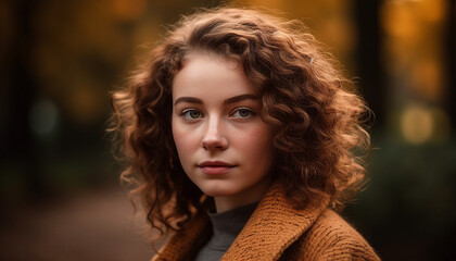 Naklejka premium Smiling young woman enjoys autumn beauty in nature generated by AI