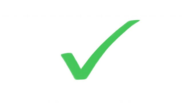 Green tick doodle, hand drawn check mark animation on a white background