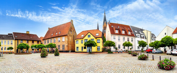 Rathausmarkt with traditional buildings in Schleswig Holm, Germany