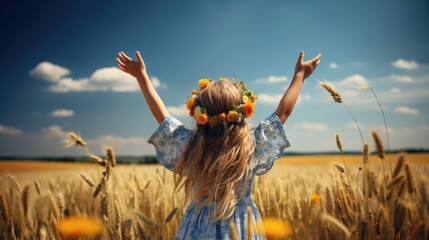 Little girl in a wreath of flowers on a wheat field. Generative AI. - obrazy, fototapety, plakaty