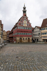 Esslingen town hall on a rainy spring day with cobblestone forecourt © A.Freund