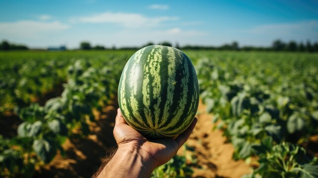 Watermelon in the farmer's hand against the background of a field of ripening watermelons. Generative AI.